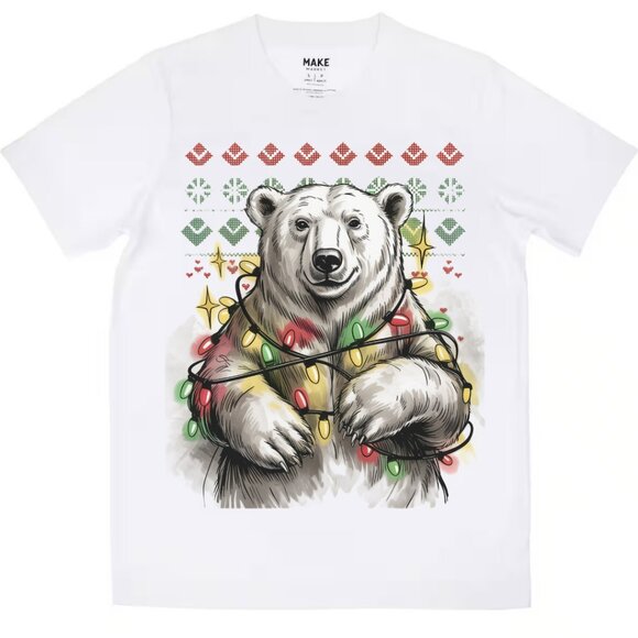 Tops - Vintage Christmas Polar Bear Graphic TShirt Adult Women Men Unisex Top Green Red
